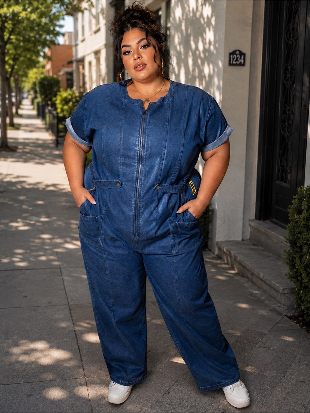 Plus-Size Blue Denim Jumpsuit with Zip Front